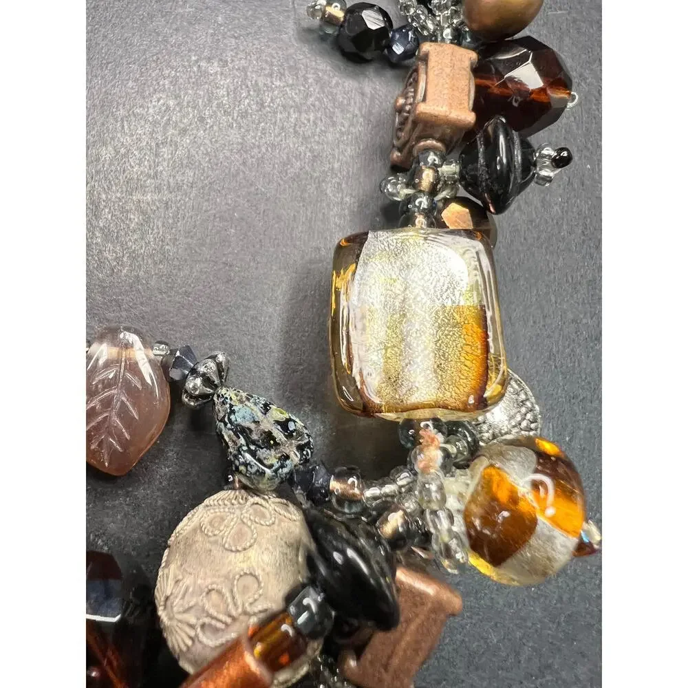 Artisan Copper Wire Necklace Glass Onyx Pyrite Amber Pearl 17”